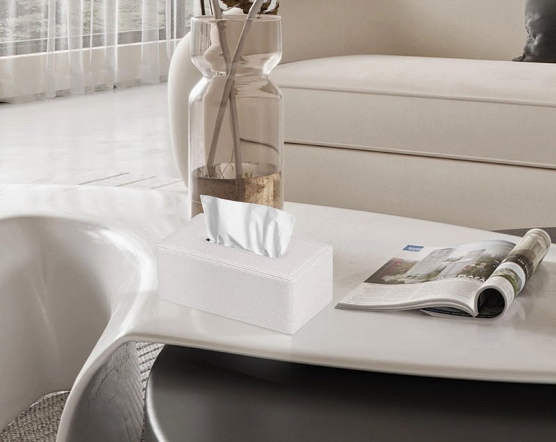 GOLRANLYE Tissue Box Cover Rectangular 9.8""(L) x 5.3""(W) x 4.3""(H) Refined Modern PU Leather Facial Tissue Dispenser Box Holder for Dresser Bathroom Decorative (Linen Beige) - Image 2